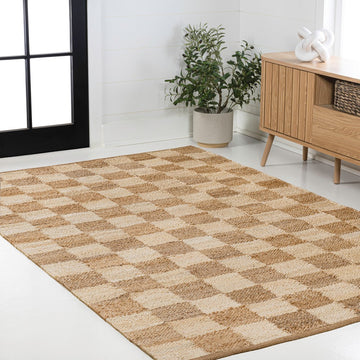 Theo Modern Farmhouse Woven Jute Checkerboard Area Rug